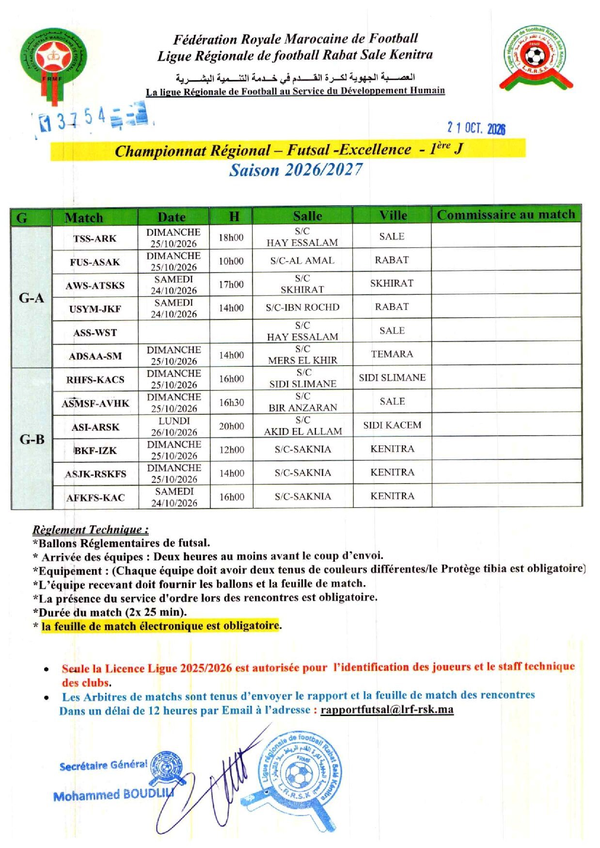 Programme du Championnat Futsal Excellence